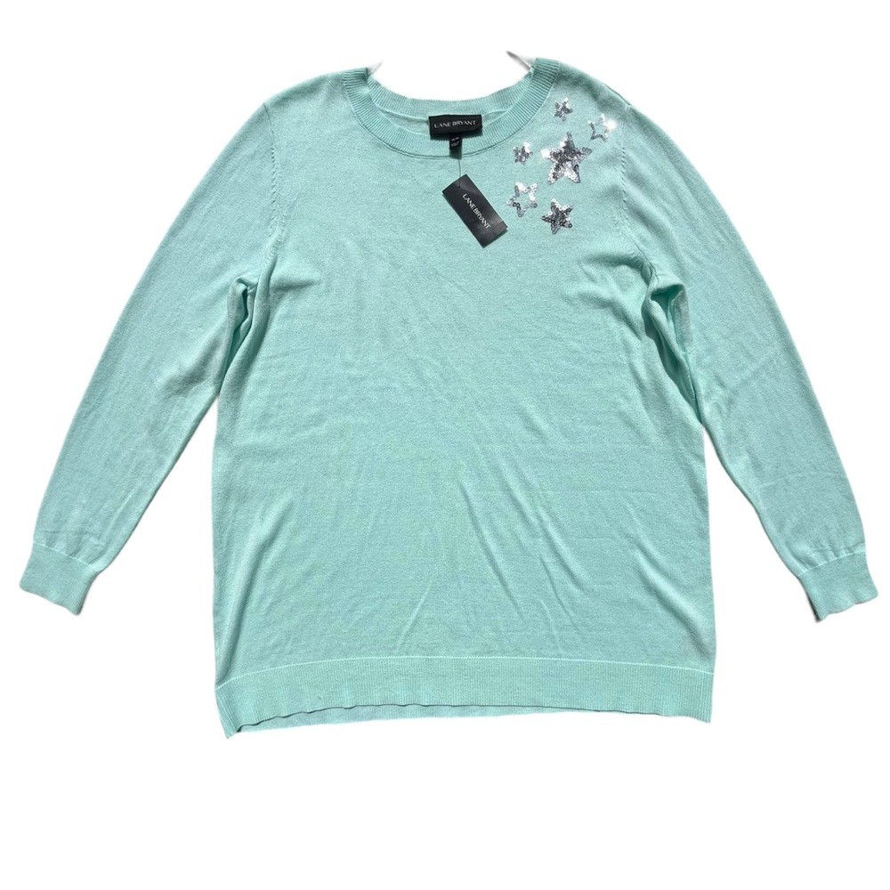 Lane Bryant Womens 14/16 Light Teal Knit Silver Sequin Stars Long Sleeve Sweater